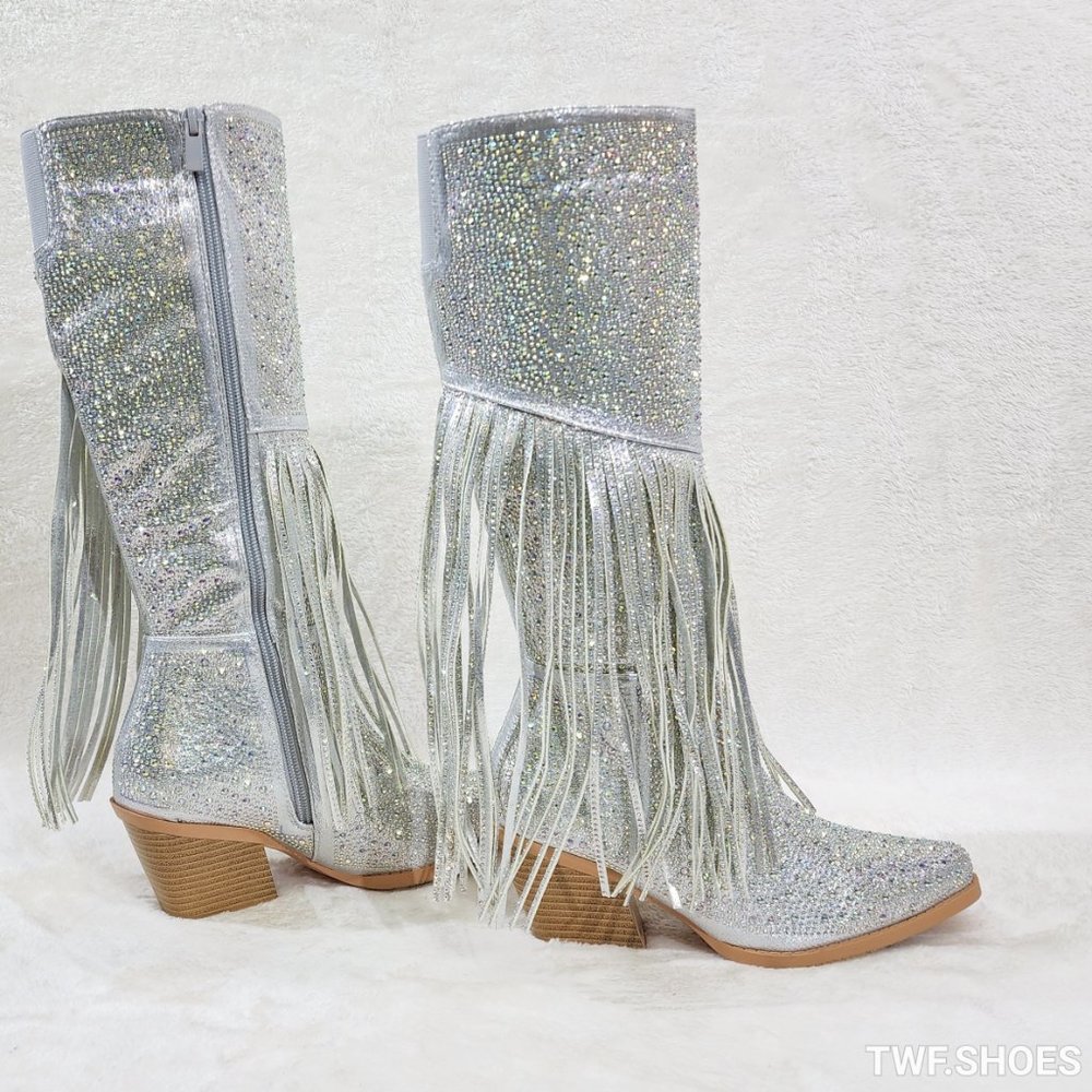 Western Diva Silver Asymmetrical Fringe Rhinestone Glam Cowgirl Boots